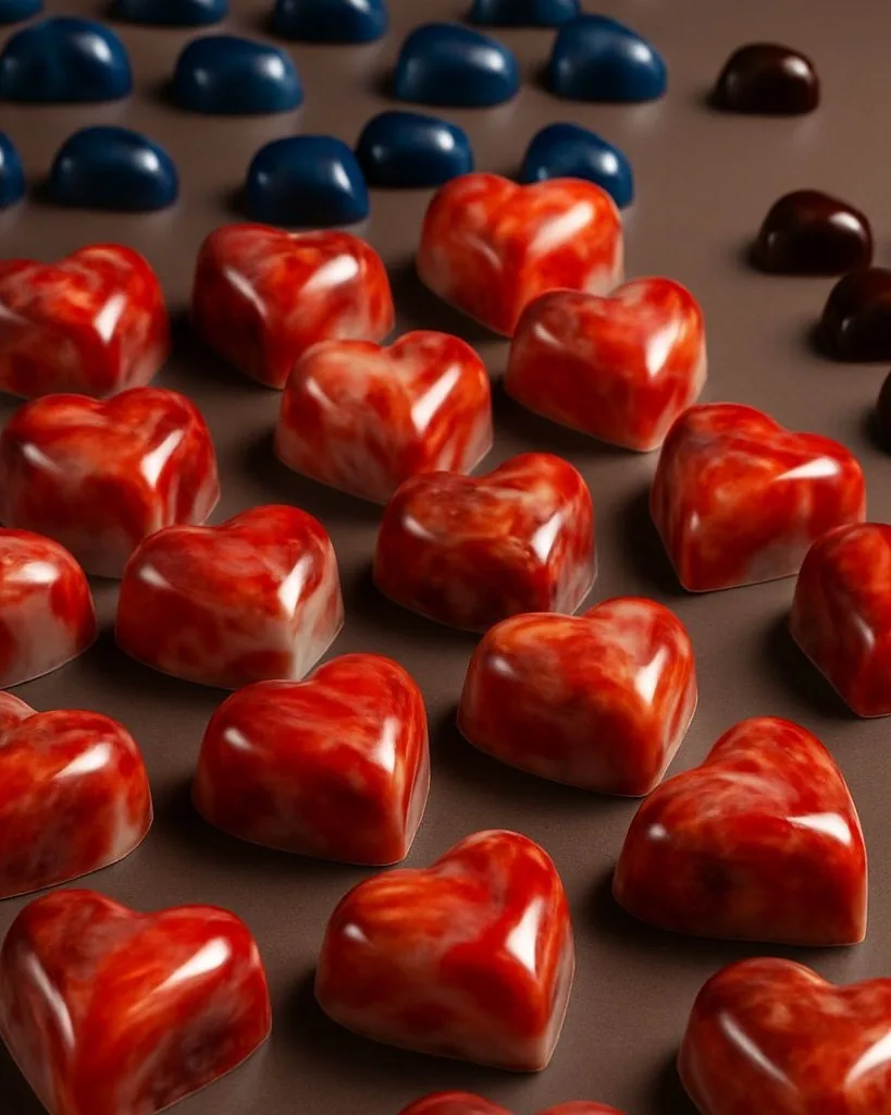 Bonbons de chocolat en forme de cœurs rouges